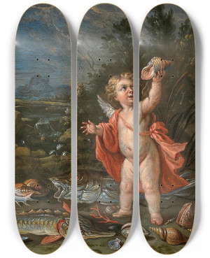 Triptych art skateboard deck of Jan Van Kessel The Younger Two Putti With Fish And Seafood by Jan van Kessel the Younger (1654-1708)
