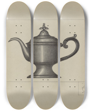 Triptych art skateboard deck of Herman Bader Pewter Coffee Pot by Herman Bader Triptych art skateboard deck of Herman Bader Pewter Coffee Pot by Herman Bader