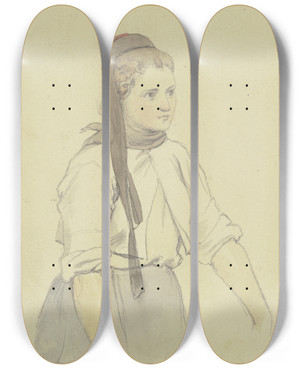 Triptych art skateboard deck of Jakob Becker Studienblatt Bauernmdchen_3 by Jakob Becker (1810-1872)