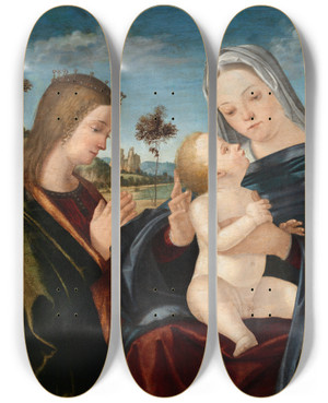 Triptych art skateboard deck of Vittore Carpaccio Maria Mit Dem Kind Und Den Heiligen Katharina Und Hieronymus by Vittore Carpaccio (1465-1525)