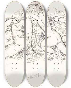 Triptych art skateboard deck of Leo Gestel Schetsblad Met Naakt Zwemmende Vrouwen En Vissen by Leo Gestel (1881-1941)