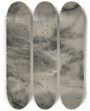 Triptych art skateboard deck of Adolf Hoeffler Chauderon Near Glion by Adolf Hoeffler (1825-1898)