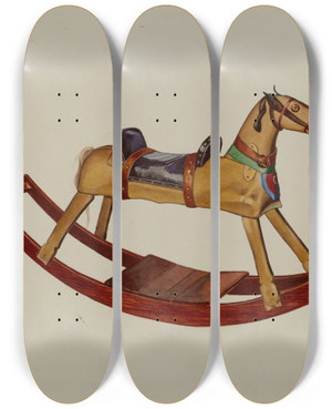 Triptych art skateboard deck of Ernest A Towers Jr Childs Rocking Horse by Ernest A Towers Jr (20-)