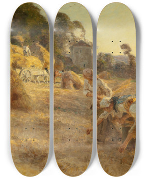 Triptych art skateboard deck of Lon Augustin Lhermitte Glaneuses En Avant De Vieilles Meules by Lon Augustin Lhermitte (1844-1925)