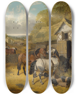 Triptych art skateboard deck of John Frederick Herring Jr Horses Pigs And Ducks In A Farmyard by John Frederick Herring Jr (1820-1907)