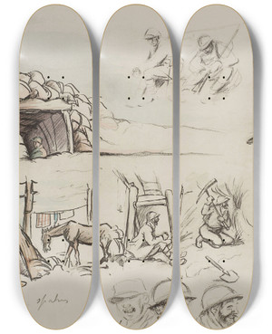Triptych art skateboard deck of Georges Goursat Sem Campement De Spahis by Georges Goursat (Sem) (1863-1934)
