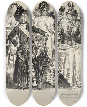 Triptych art skateboard deck of Charles Dana Gibson When Women Vote by Charles Dana Gibson (1867-1944)