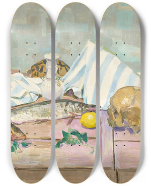 Triptych art skateboard deck of Felix Esterl Etillleben Mit Totenkopf Und Fischen by Felix Esterl (1894-1931)