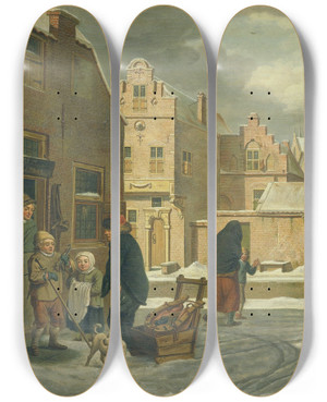 Triptych art skateboard deck of Dirk Jan Van Der Laan City View In The Winter by Dirk Jan van der Laan (1759-1829)