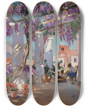 Triptych art skateboard deck of Constantin Westchiloff Veranda In Capri by Constantin Westchiloff (1877-1945)