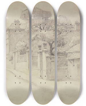 Triptych art skateboard deck of Ferdinand Boberg La Rue Montmartre by Ferdinand Boberg (1860-1946)