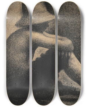 Triptych art skateboard deck of Georges Seurat Seated Boy With Straw Hat Study For Bathers Atasnires by Georges Seurat (1859-1891)