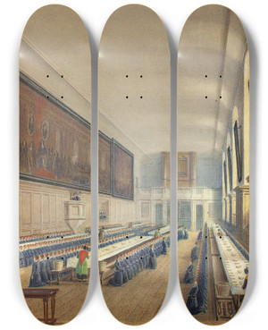 Triptych art skateboard deck of Augustus Charles Pugin Hall Of Christs Hospital by Augustus Charles Pugin (1762-1832)