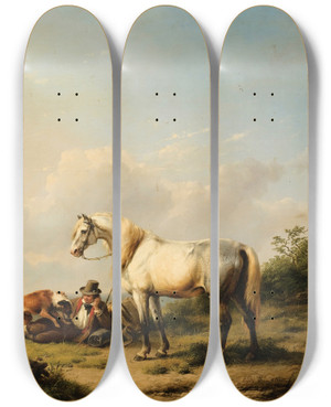 Triptych art skateboard deck of Eugne Joseph Verboeckhoven Horseman Resting by Eugene Joseph Verboeckhoven (1798-1881)