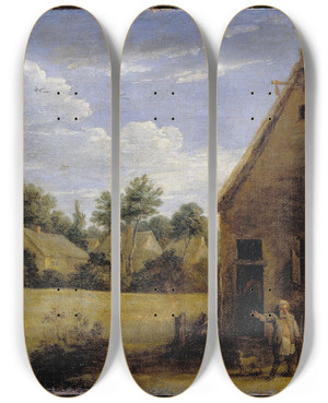 Triptych art skateboard deck of David Teniers The Younger Cottage With Peasants Playing Cards by David Teniers The Younger (1610-1690)