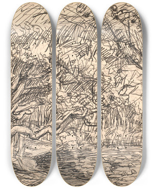 Triptych art skateboard deck of Fritz Syberg En Skovs by Fritz Syberg (1862-1939)