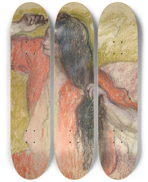 Triptych art skateboard deck of Edgar Degas Femme En Peignoir Rouge Se Coiffant by Edgar Degas (1834-1917)