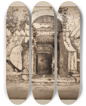 Triptych art skateboard deck of Helen Hyde The Seats Of The Mighty by Helen Hyde (1868-1919)
