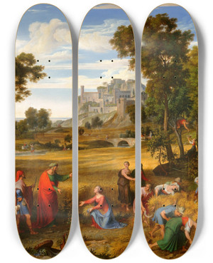 Triptych art skateboard deck of Joseph Anton Koch Landscape With Ruth And Boaz by Joseph Anton Koch (1768-1839)