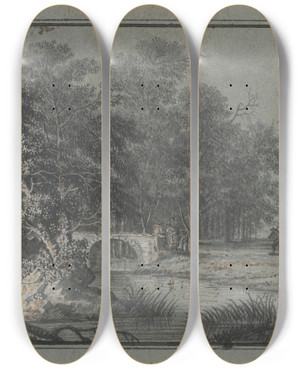 Triptych art skateboard deck of Johann Caspar Zehender Wald Mit Wasser Und Einer Brcke Dabei Mehrere Figuren by Johann Caspar Zehender (1742-1805)