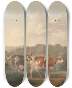 Triptych art skateboard deck of Charles Towne Woman With Cattle by Charles Towne (1763-1840)