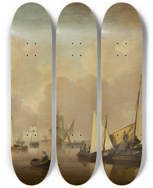 Triptych art skateboard deck of Jan Van Os Boats And Sailboats On A Quiet Sea by Jan Van Os (1744-1808)