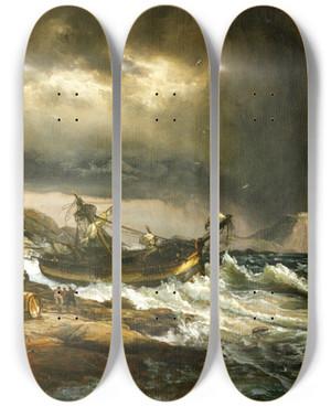 Triptych art skateboard deck of Johan Christian Dahl Shipwrech by Johan Christian Dahl (1788-1857)