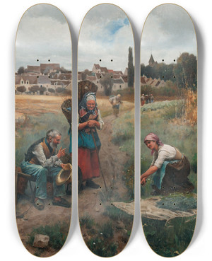 Triptych art skateboard deck of Daniel Ridgway Knight A Restful Moment by Daniel Ridgway Knight (1839-1924)