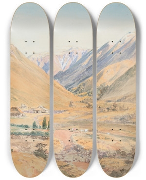 Triptych art skateboard deck of Nicholas Chevalier Station Benmore Near Porters Pass by Nicholas Chevalier (1828-1902)