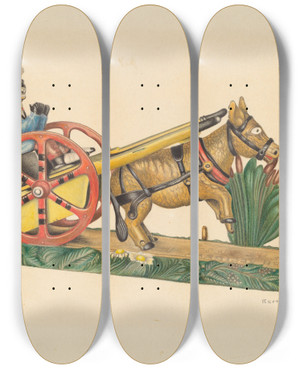 Triptych art skateboard deck of Bertha Semple Cast Iron Toy Bank by Bertha Semple