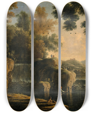 Triptych art skateboard deck of Herman Van Swanevelt Waterfall With Fishermen by Herman Van Swanevelt (1600-1655)
