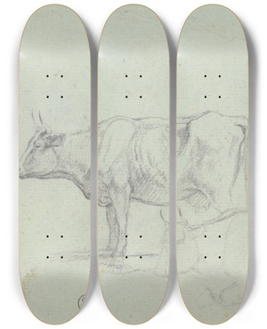 Triptych art skateboard deck of Max Joseph Wagenbauer Zwei Rinder Stehend Und Liegend by Max Joseph Wagenbauer (1774-1829)