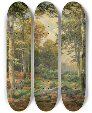 Triptych art skateboard deck of Heinrich Bhmer A Sunlit Forest With A Roe Deer by Heinrich Bohmer (1852-1930)