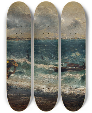 Triptych art skateboard deck of Anton Romako Fischerknabe Am Meeresstrand by Anton Romako (1832-1889)
