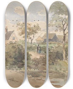 Triptych art skateboard deck of Thomas Churchyard Country Landscape With Cottage Windmill Barns And Figures With Pond In Foreground by Thomas Churchyard (1798-1865)