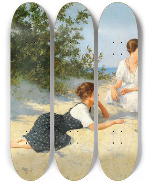 Triptych art skateboard deck of Hermann Seeger In The Dunes On The Baltic Sea Shore by Hermann Seeger (1857-1945)