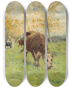 Triptych art skateboard deck of Carl Trgrdh Landskap Med Kor by Carl Tragardh (1861-1899)