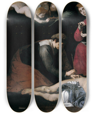 Triptych art skateboard deck of Jusepe De Ribera Saint Sebastian Tended By The Holy Women by Jusepe de Ribera (1591-1652)
