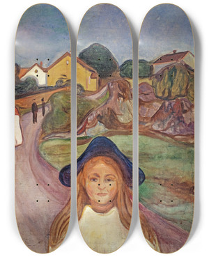 Triptych art skateboard deck of Edvard Munch Road In Aasgaardstrand by Edvard Munch (1863-1944)