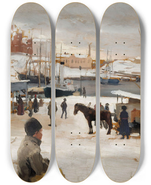 Triptych art skateboard deck of Albert Edelfelt Winter Day In Helsinki Market Square Study by Albert Edelfelt (1854-1905)