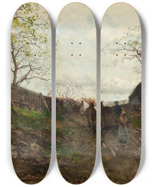 Triptych art skateboard deck of Victor Forssell Spring Landscape by Victor Forssell (1846-1931)