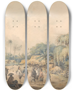 Triptych art skateboard deck of William Alexander Natives Of Cochin Playing Shuttlecock In China by William Alexander (1767-1816)
