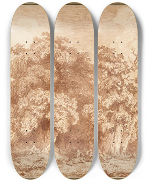 Triptych art skateboard deck of Jeanhonor Fragonard A Gathering At Woods Edge by Jean-Honor Fragonard (1732-1806)