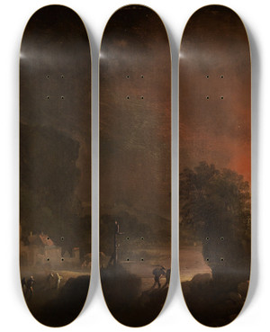 Triptych art skateboard deck of Christian Wilhelm Ernst Dietrich Nchtliche Landschaft Mit Brennender Stadt by Christian Wilhelm Ernst Dietrich (1712-1774)