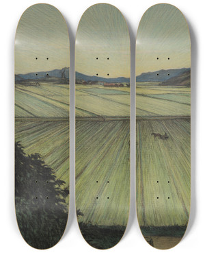 Triptych art skateboard deck of Karl Nordstrm Landscape With Fields by Karl Nordstrom (1855-1923)