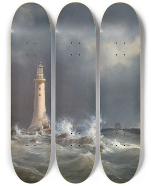 Triptych art skateboard deck of Anton Melbye Eddystone Lighthouse by Anton Melbye (1818-1875)
