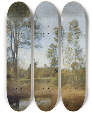 Triptych art skateboard deck of Franz Rumpler Landschaft Mit Heuwagen by Franz Rumpler (1848-1922)