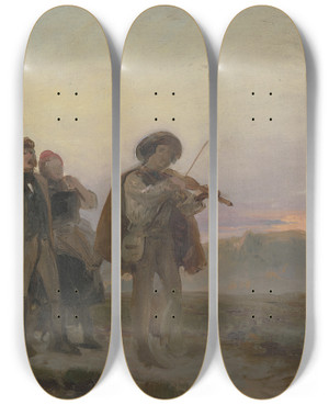 Triptych art skateboard deck of Jakob Becker Abendlicher Spaziergang Geiger Und Bauernpaar Auf Den Feldern_1 by Jakob Becker (1810-1872)