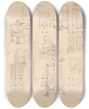 Triptych art skateboard deck of Jzef Simmler Sketches Of Baroque Costumes And Furniture by Jozef Simmler (1823-1868)