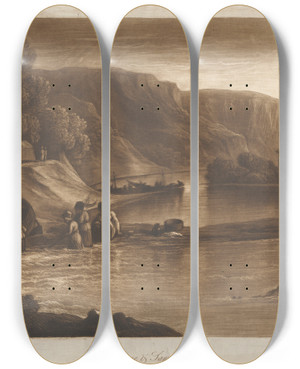 Triptych art skateboard deck of George Arnald Meuse And Sambre From The Gate Of The Sambre_2 by George Arnald (1763-1841)